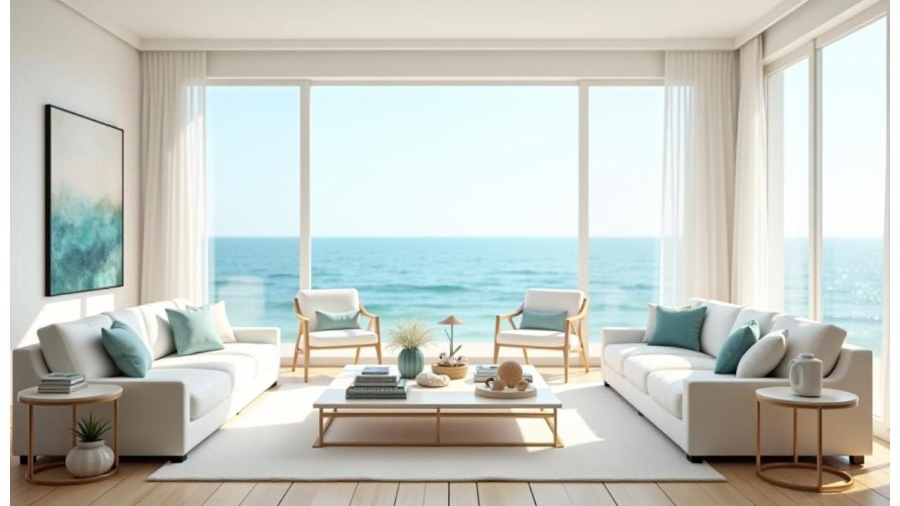 Bright airy coastal living room with ocean views and elegant furniture