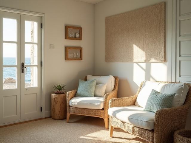Coastal cottage interior styled with natural textures and soft hues