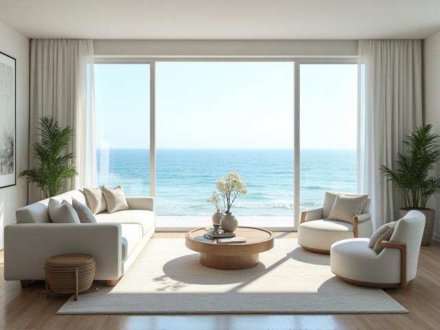 Ocean view apartment interior with serene coastal styling
