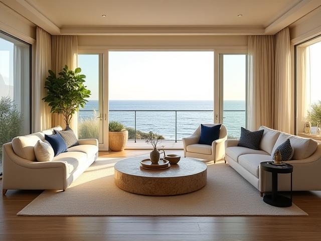 Seaside villa interior blending upscale elegance with coastal charm