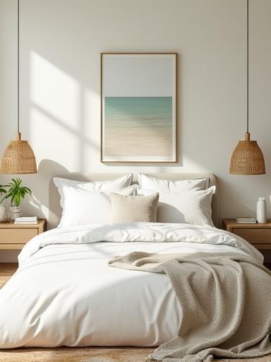 Serene bedroom featuring light linens, elegant coastal artwork, and rattan accents