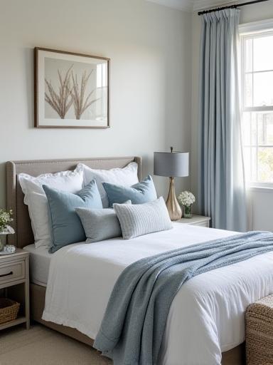Chic coastal bedroom with muted blues, textured linens, and driftwood accents