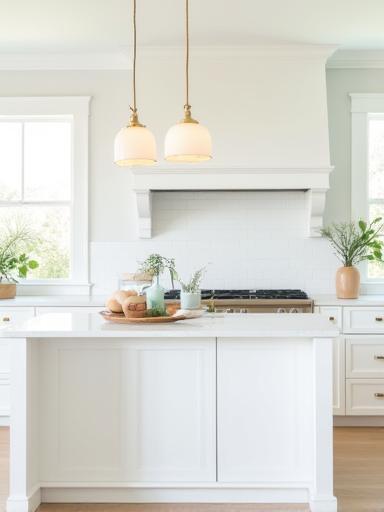 Bright white kitchen with island, brass fixtures, and sea glass pendant lights