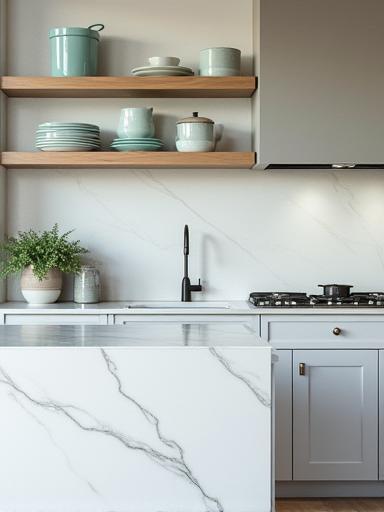 Sleek kitchen featuring stone countertops, open shelving, and coastal decor elements