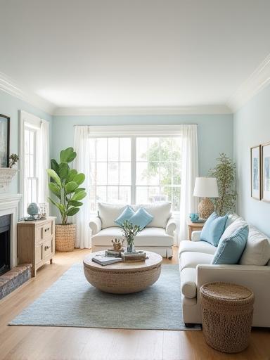 Spacious coastal style living room with soft blue accents and natural wood furniture