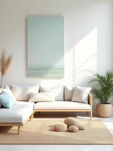 Modern coastal living room with soft pastel palette and natural fiber rugs