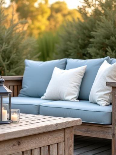 Cozy outdoor seating area with ocean-inspired cushions and weathered wooden furniture