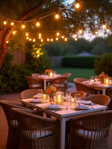 Elegant outdoor dining space with string lights, wicker chairs, and coastal greenery